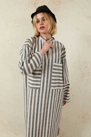 V Yaka Keten Tunik Siyah - 2