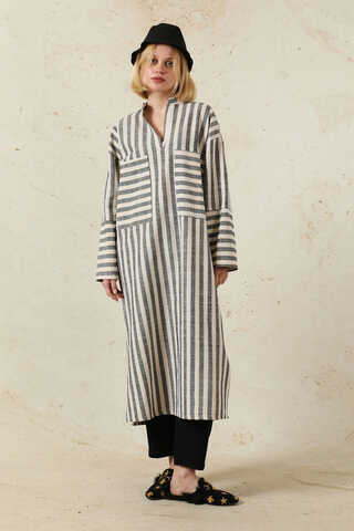 V Yaka Keten Tunik Siyah - 3