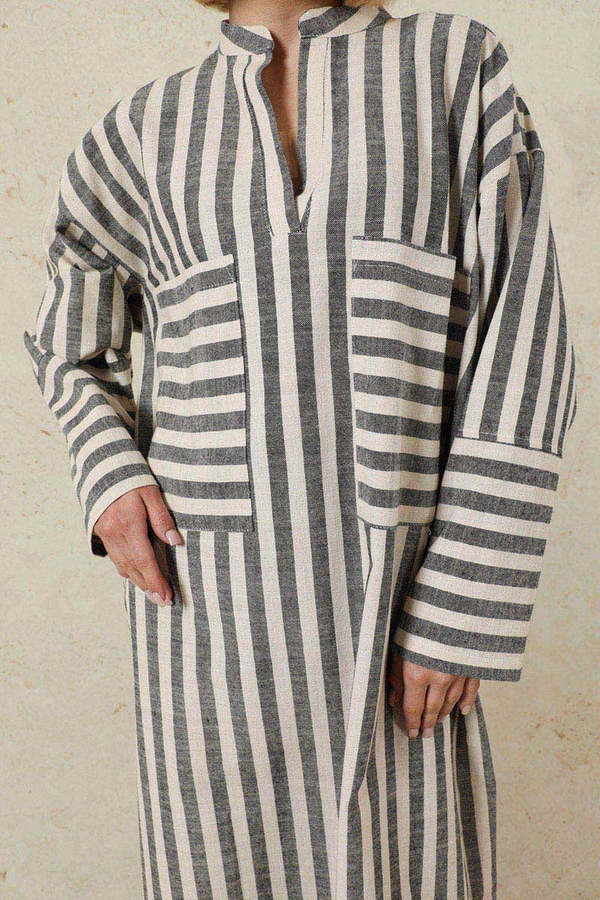 V Yaka Keten Tunik Siyah - 4