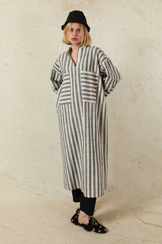 V Yaka Keten Tunik Siyah - 5