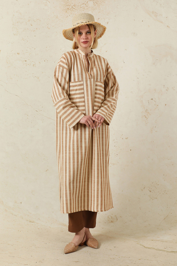 V Yaka Keten Tunik Taba - 1