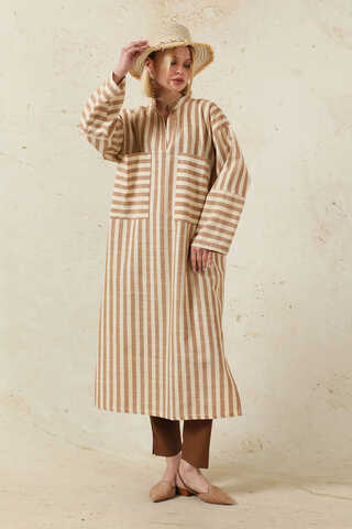 V Yaka Keten Tunik Taba - 3