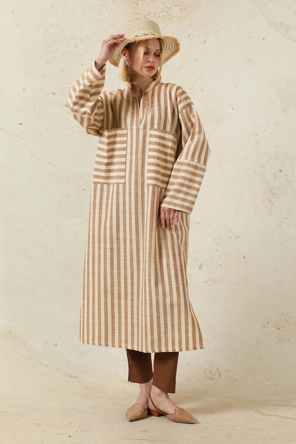 V Yaka Keten Tunik Taba - 3