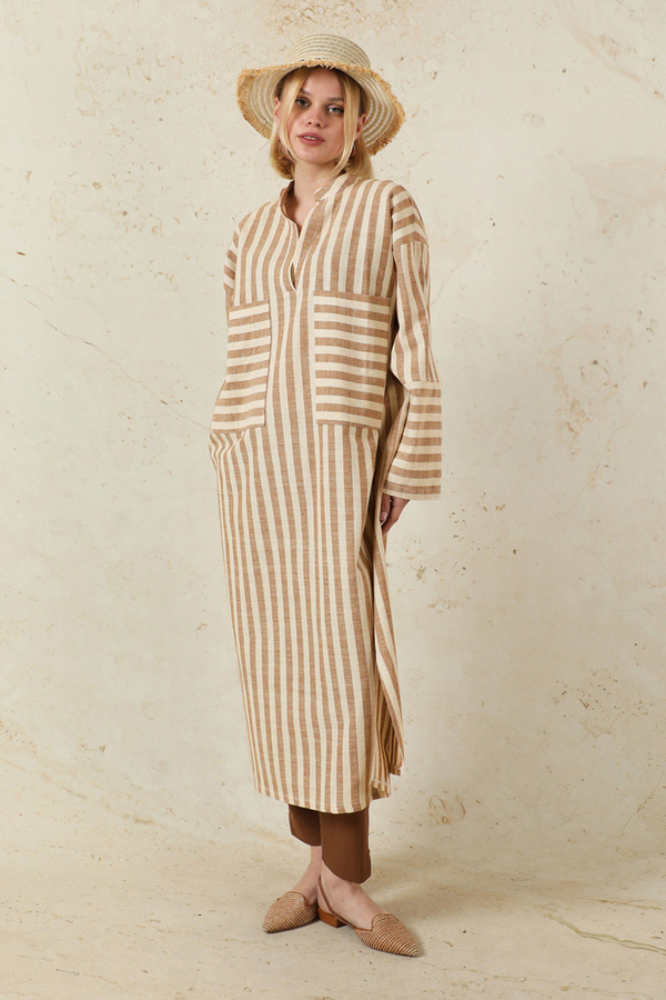 V Yaka Keten Tunik Taba - 5