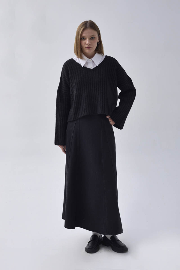 V Yaka Crop Kazak Siyah - 5