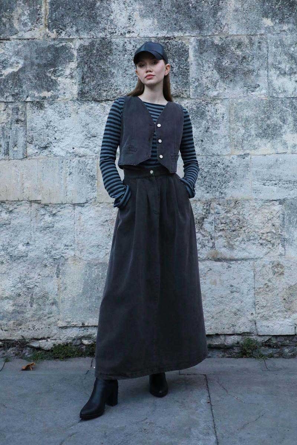 V Yaka Denim Yelek Gri - 3