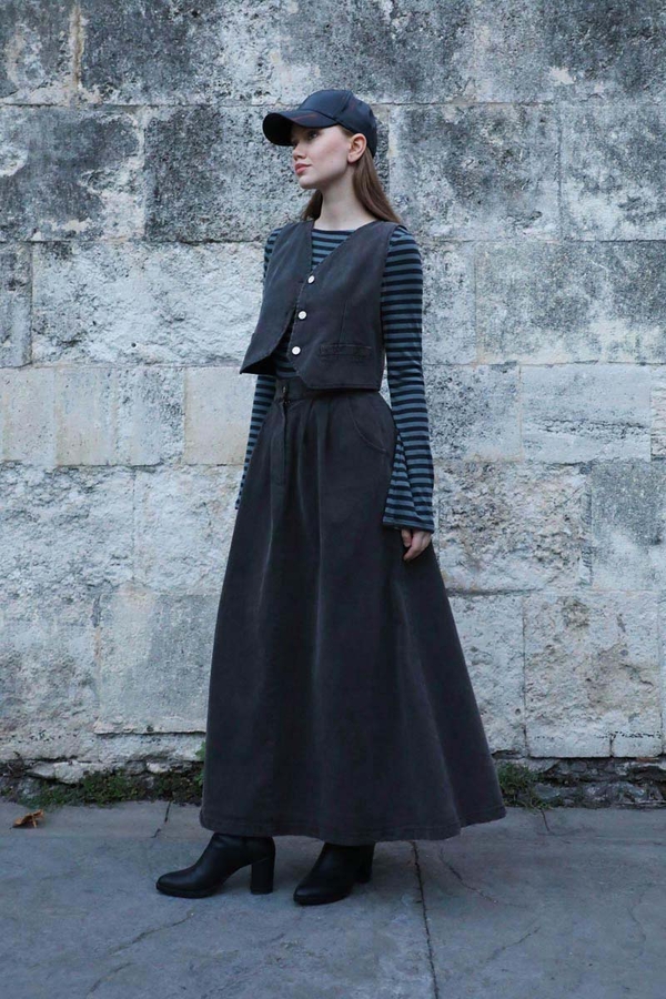 V Yaka Denim Yelek Gri - 4