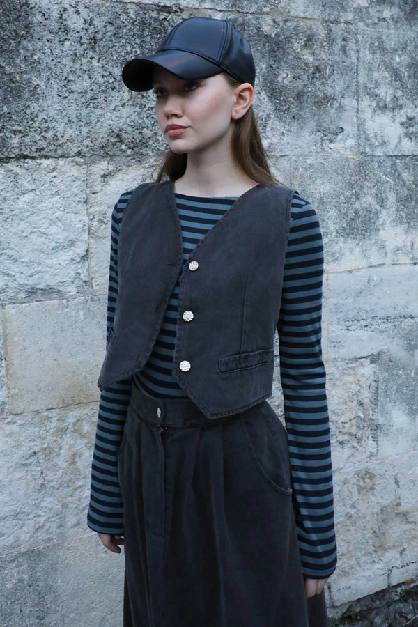 V Yaka Denim Yelek Gri (1)