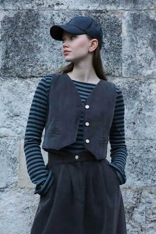 V Yaka Denim Yelek Gri - 1