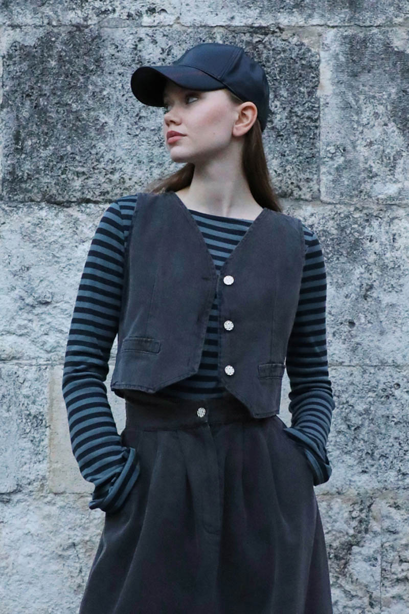 V Yaka Denim Yelek Gri