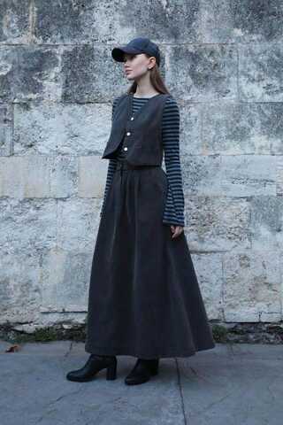 V Yaka Denim Yelek Gri - 4