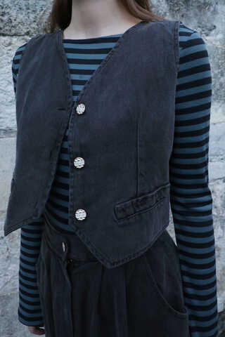 V Yaka Denim Yelek Gri - 5