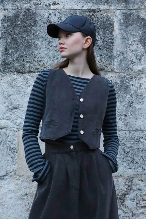 V Yaka Denim Yelek Gri 