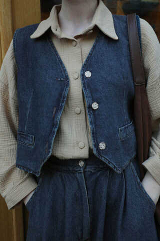 V Yaka Denim Yelek Mavi - 5