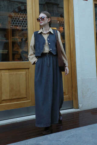 V Yaka Denim Yelek Mavi - 2