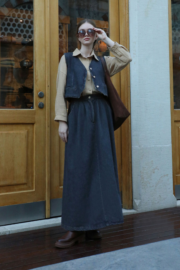 V Yaka Denim Yelek Mavi - 3