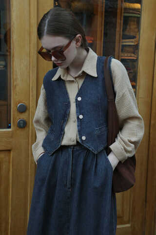 V Yaka Denim Yelek Mavi - 4