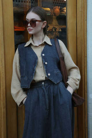 V Yaka Denim Yelek Mavi - 1