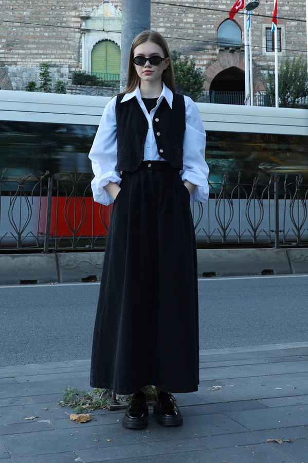 V Yaka Denim Yelek Siyah