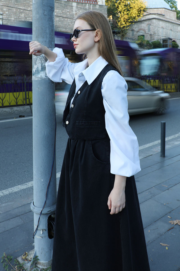 V Yaka Denim Yelek Siyah (1)