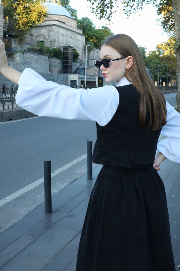 V Yaka Denim Yelek Siyah - 4