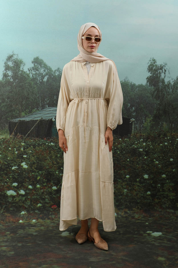 V Yaka Katlı Elbise Bej - 3