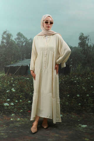 V Yaka Katlı Elbise Bej - 2