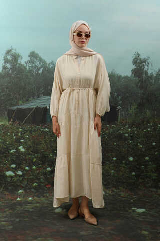 V Yaka Katlı Elbise Bej - 3