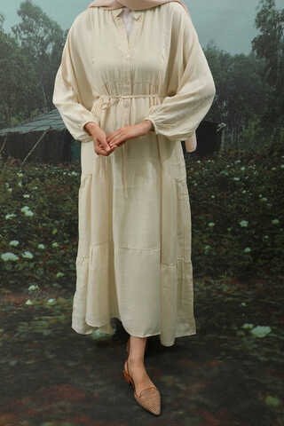 V Yaka Katlı Elbise Bej - 4