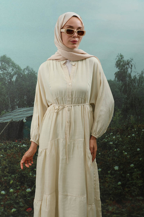 V Yaka Katlı Elbise Bej - 5