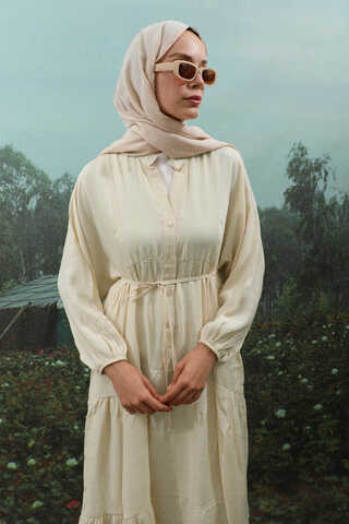 V Yaka Katlı Elbise Bej - 6