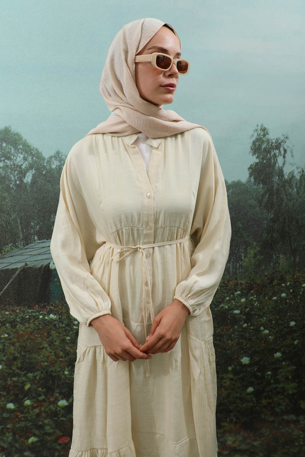 V Yaka Katlı Elbise Bej - 6