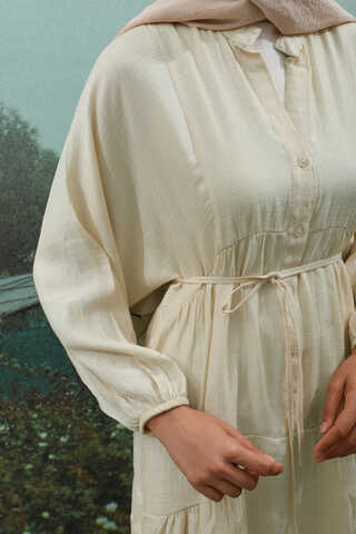 V Yaka Katlı Elbise Bej - 8