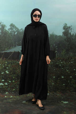 V Yaka Katlı Elbise Siyah - 2