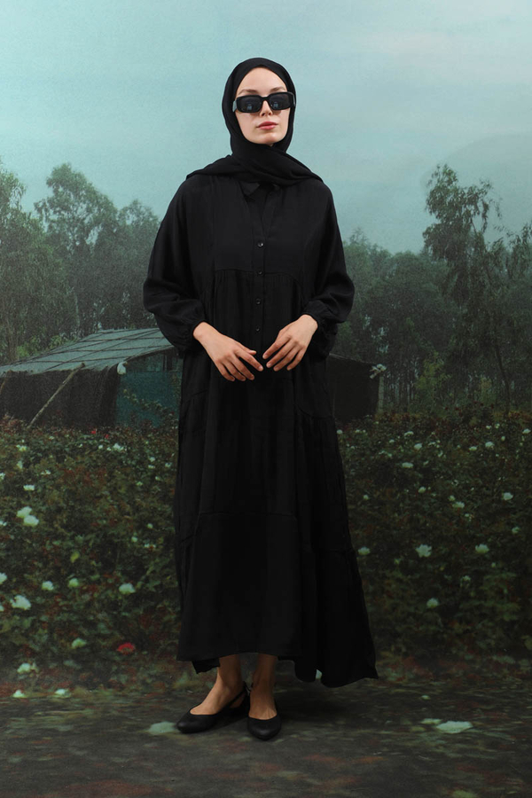 V Yaka Katlı Elbise Siyah - 3