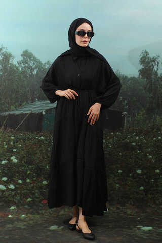 V Yaka Katlı Elbise Siyah - 4