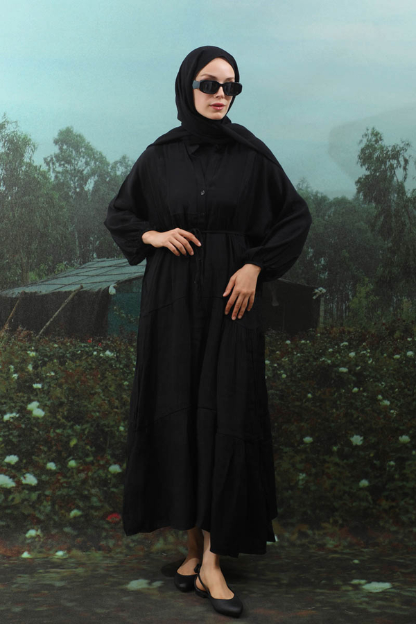 V Yaka Katlı Elbise Siyah - 4