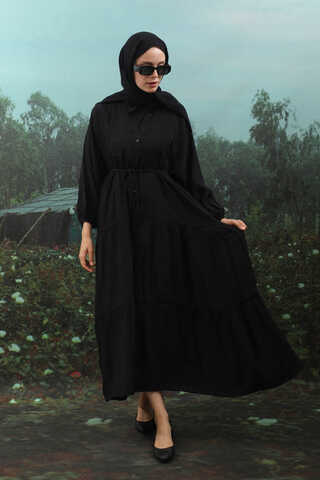 V Yaka Katlı Elbise Siyah - 5