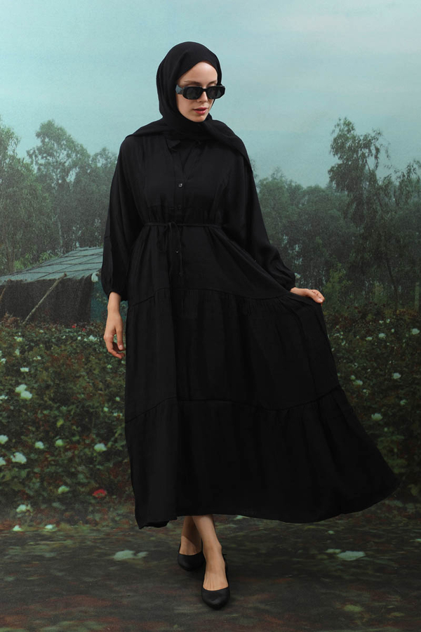 V Yaka Katlı Elbise Siyah - 5