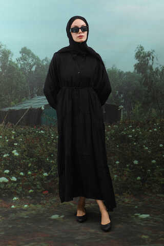 V Yaka Katlı Elbise Siyah - 6