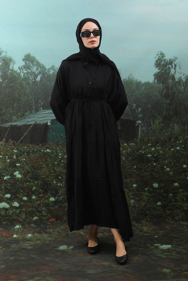 V Yaka Katlı Elbise Siyah - 6