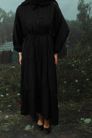 V Yaka Katlı Elbise Siyah - 7