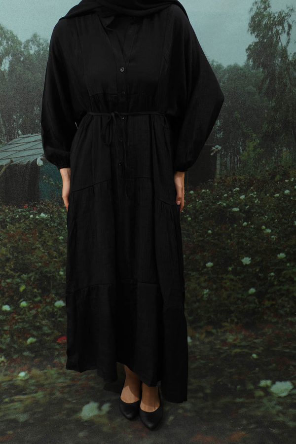 V Yaka Katlı Elbise Siyah - 7