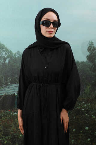 V Yaka Katlı Elbise Siyah - 8