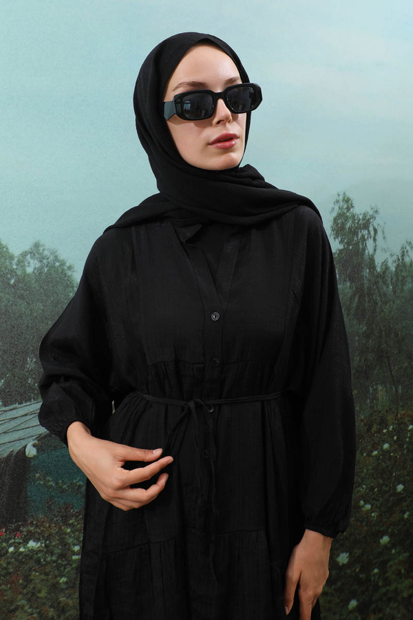 V Yaka Katlı Elbise Siyah - 9