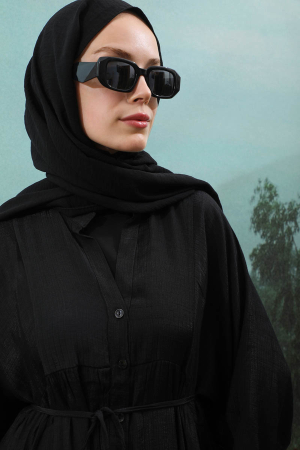 V Yaka Katlı Elbise Siyah - 10