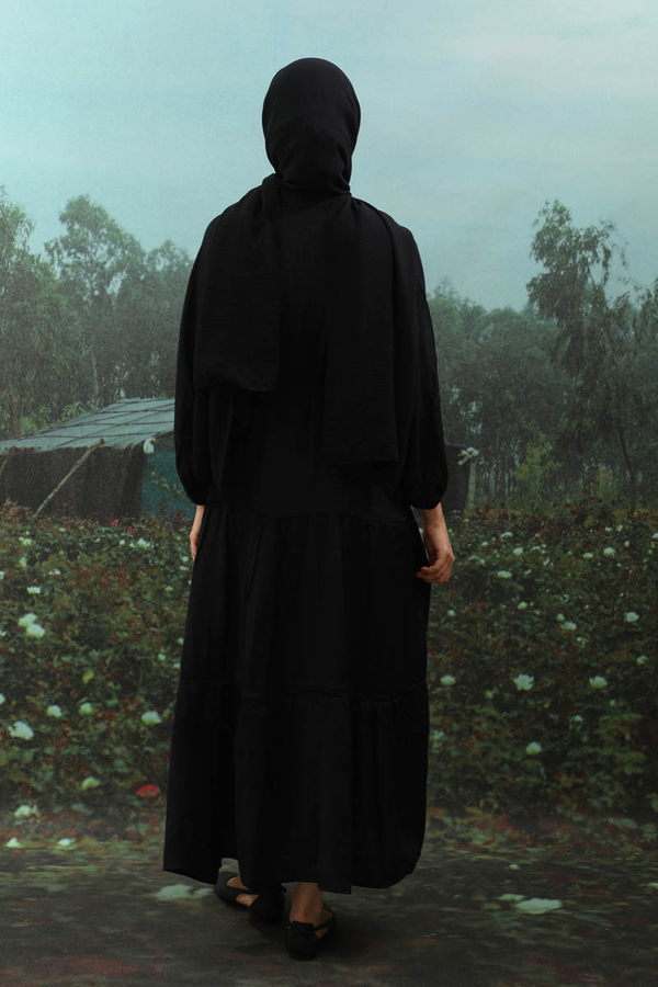 V Yaka Katlı Elbise Siyah - 11