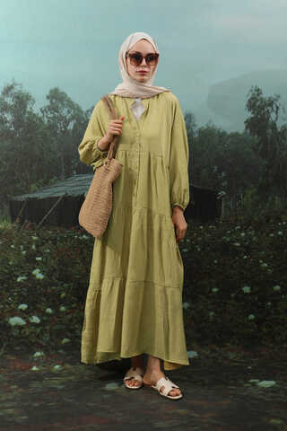 V Yaka Katlı Elbise Yağ Yeşili - 2