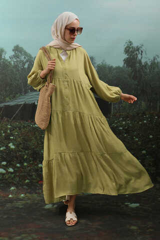 V Yaka Katlı Elbise Yağ Yeşili - 3