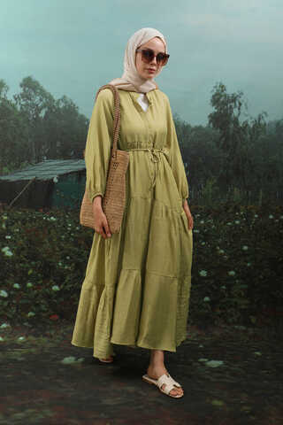 V Yaka Katlı Elbise Yağ Yeşili - 1